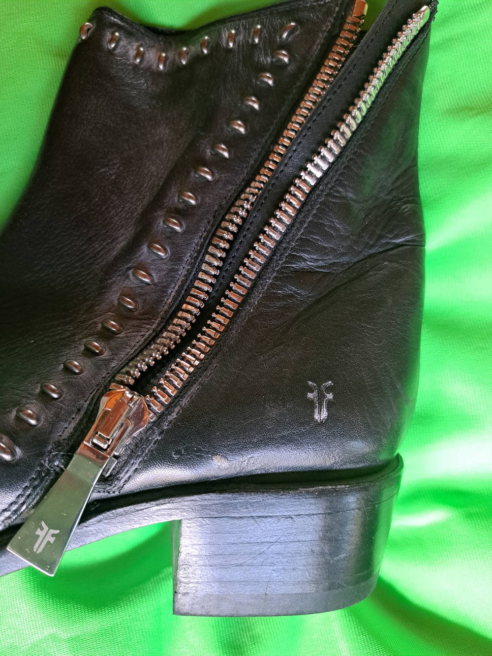 Frye Black Leather Studded Ankle Boots with Silver Zipper - Picture 6 of 7